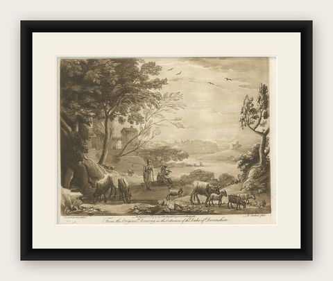 Rare Antique Print of a Landscape with Cattle, 1774, shown framed