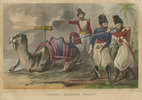 Antique Persian Military Scene with Camel, Hand-Colored Engraving c1820, close-up 1