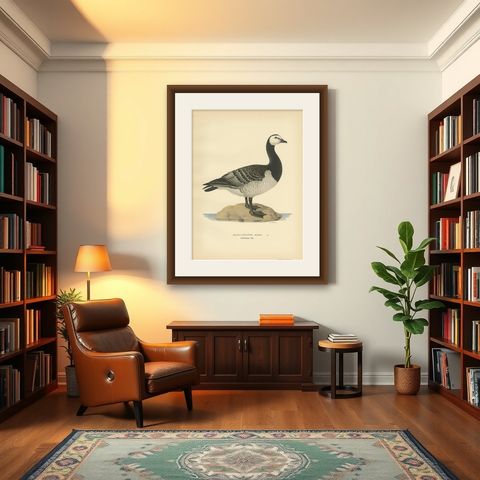 Antique Bird Print of the Barnacle Goose by Von Wright '1929', shown framed in a room