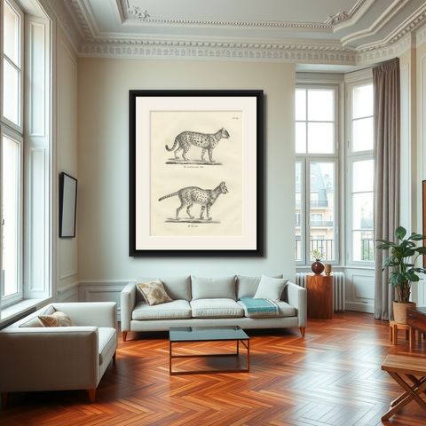 19th-Century Lithograph of the Gentle Cat and the Serval in Elegant Poses, shown framed in a room