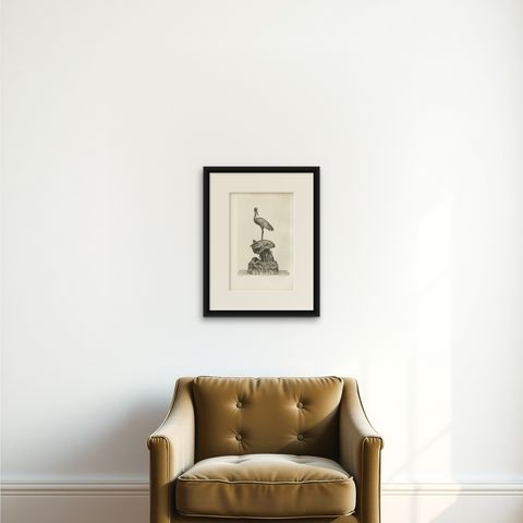 Elegant Cranes on Ornamental Base, Heliographic Japanese Art by Audsley, 1884, shown framed on a wall