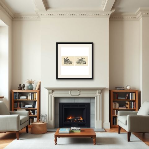 Set of 2 Antique Prints of English Horses, shown framed in a room