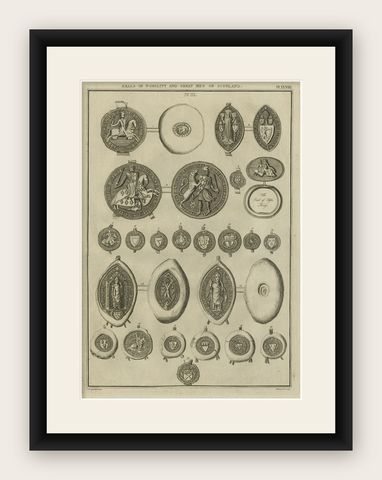 Antique Print of Seals of Nobility and Important Men of Scotland, 1792, shown framed