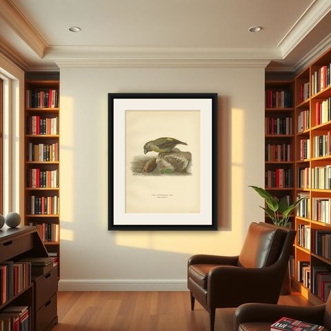 Antique Bird Print of the Female Parrot Crossbill by Von Wright, 1927, shown framed in a room