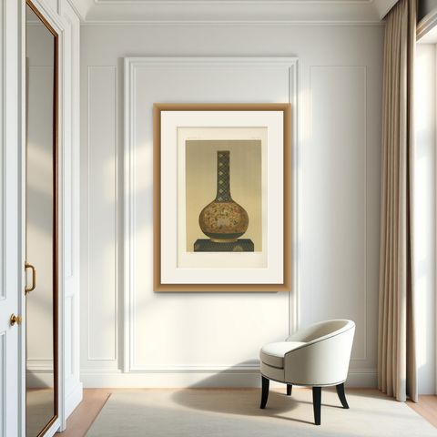 Ornamental Elegance, Floral Motif Long-Neck Vase, from Audsley’s Art, 1884, shown framed in a room
