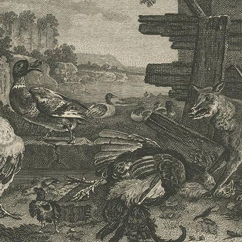 Antique Print of a River Landscape with a Fox and Birds by Le Brun (1792), close-up 2
