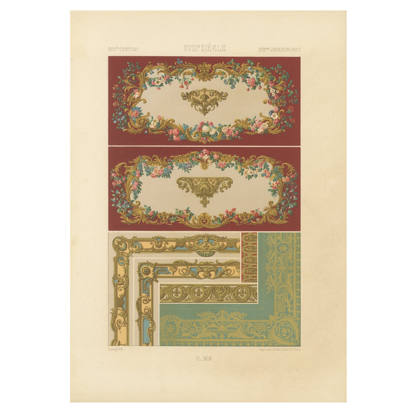 18th Century French Wall and Border Decoration, Rococo Floral Frames, Plate XCI