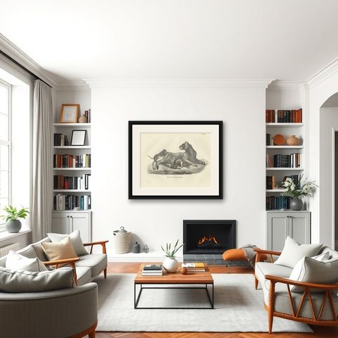 19th-Century Lithograph of a Lioness with Her Playful Cubs in the Wild, shown framed in a room