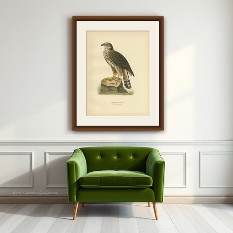 Antique Bird Print of the Goshawk by Von Wright, 1929, shown framed on a wall