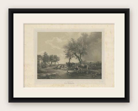 Antique Print of a Pasture with Cattle by Neumann 'c.1860', shown framed