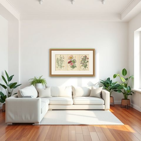 Antique Botanical Prints: Michaelmas Daisies, China Asters & New England Asters, shown framed in a room