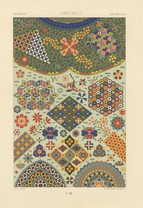 Japanese Ornament Print, Antique Lithograph of Geometric & Floral Patterns 1869, close-up 6