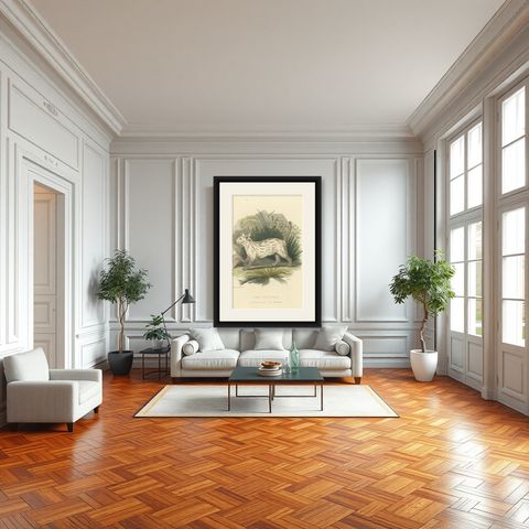 Antique Print with Hand Coloring of a Pampas Cat, shown framed in a room