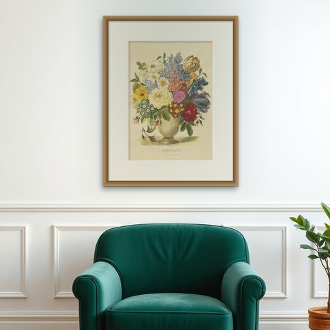 Antique Print of a Flower Bouquet by Villain, circa 1850, shown framed on a wall