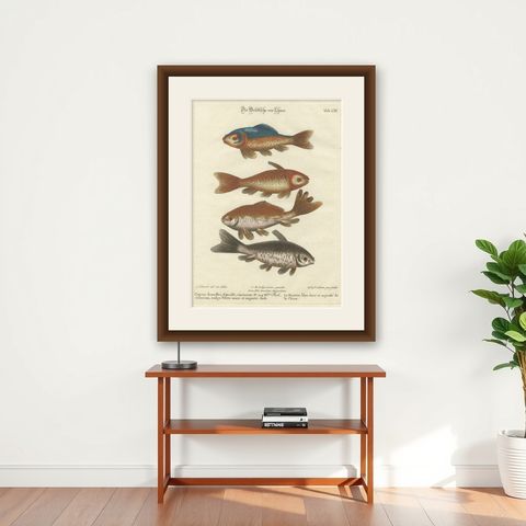 Exotic Goldfish of China: An 18th-Century Hand-Colored Copper Engraving, c.1773, shown framed on a wall