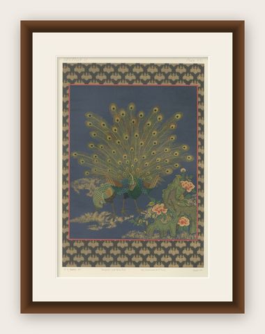 Japanese Peacocks in Full Plumage: Antique Lithograph, 1880s, shown framed