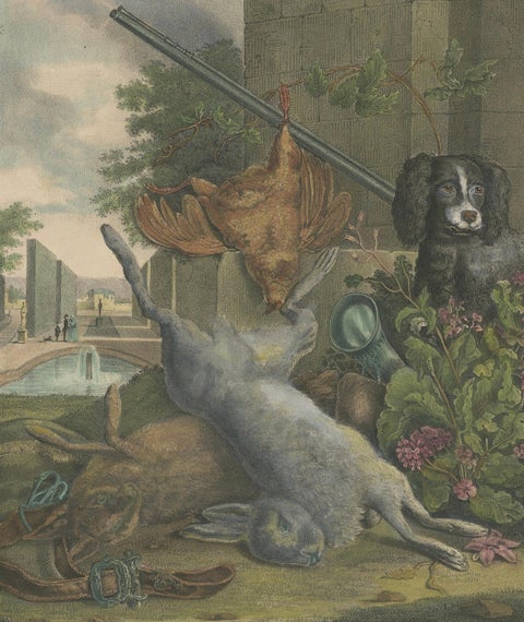 1835 Hand-Colored Lithograph: Hunting Still Life with Game and Dog, close-up 2