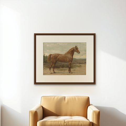 Antique Dutch Gelderland Horse Print by Otto Eerelman, 1898, shown framed on a wall