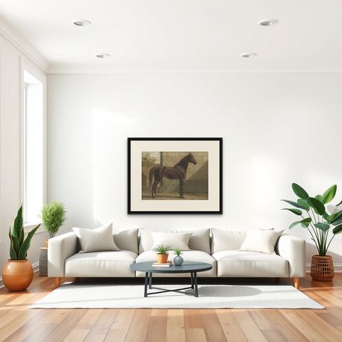 Antique Print of the East Prussian Horse by O. Eerelman, 1898, shown framed in a room