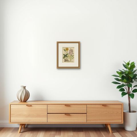 Antique Botanical Engraving, Yellow Flower & Pink Bladder Senna, Pflanzen CXXXV, shown framed on a wall