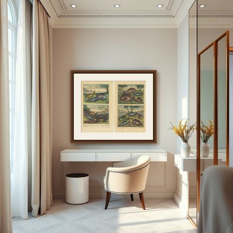 Set of 2 Colored Antique Prints of Various Fishes and Crustaceans, shown framed in a room