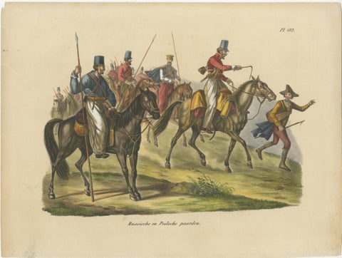 Antique Hand Colored Print of Russian and Polish Horses, view 2