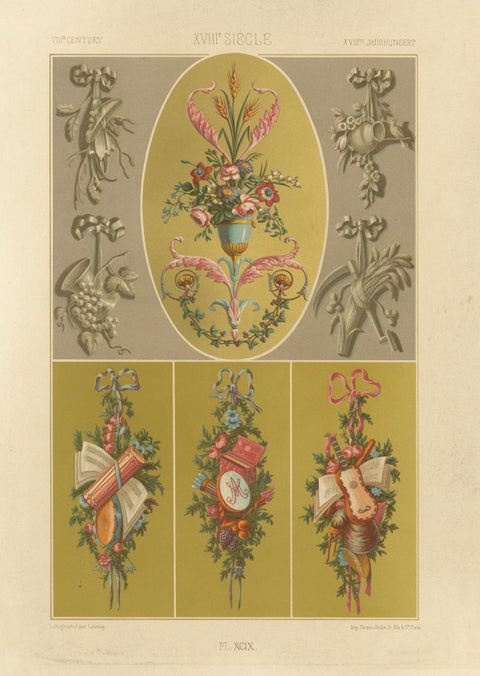 Rococo Motif Ornament, 18th-Century Floral and Allegorical Designs, Plate XCIX, close-up 6