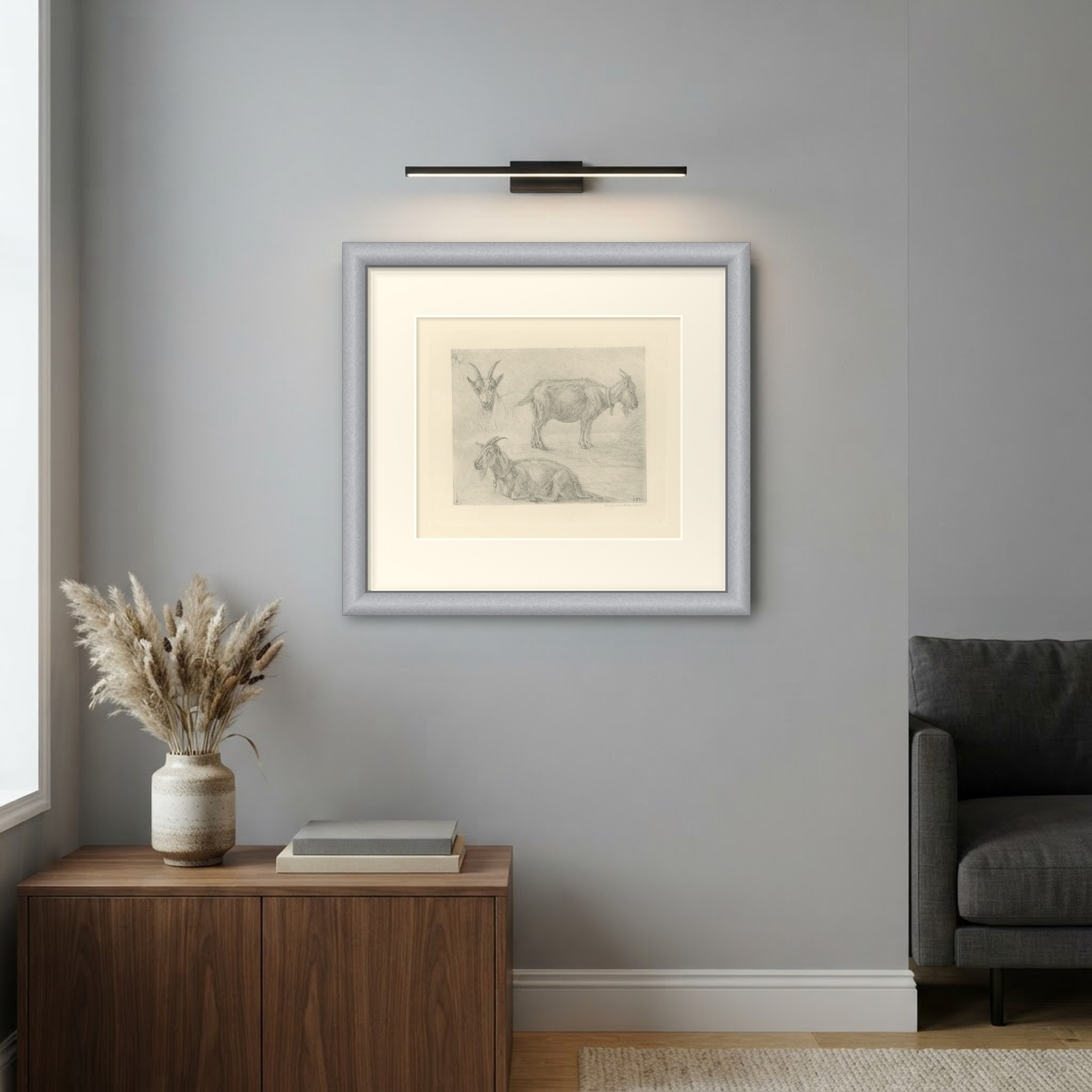 Study of Three Goats, Antique Goupil Photogravure after a Drawing, circa 1880, shown framed on a wall