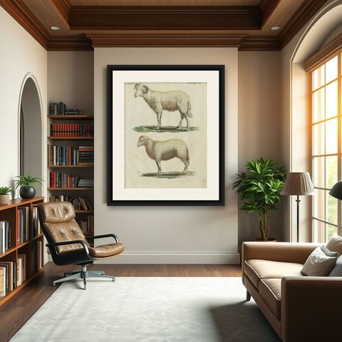 Patina Rich Hand Colored Antique Print of a Sheep and Ram, circa 1820, shown framed in a room