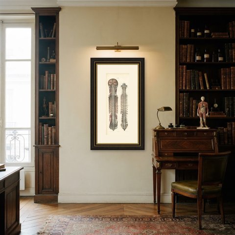 Brain and Spinal Cord with the Spinal Nerves, Hirschfeld Folding Plate, 1866, shown framed in a room