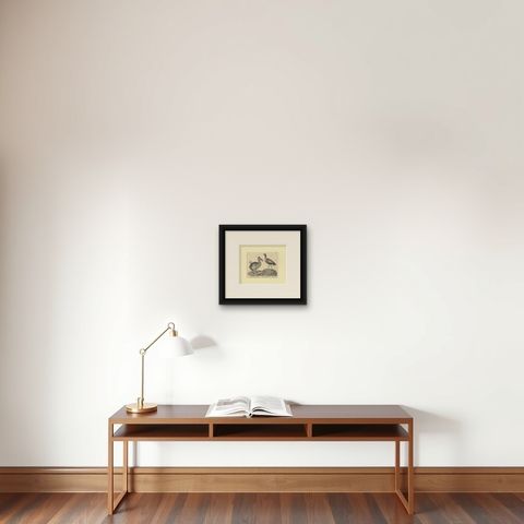Antique Print of The Extinct Dodo and the Trumpeter Bird, 18th Century, shown framed on a wall