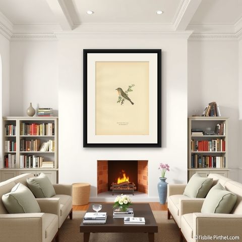Antique Bird Print of the Red-Breasted Flycatcher by Von Wright, 1927, shown framed in a room