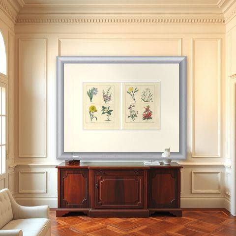Charming Pair of Antique Floral Engravings for Wall Décor, 1828, shown framed in a room