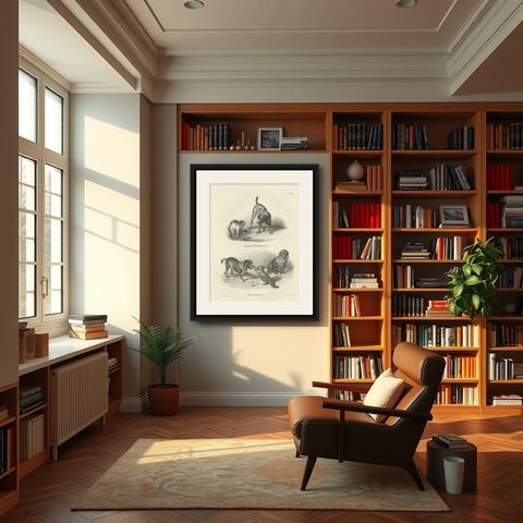 19th-Century Lithograph of Hunting Dogs and Dachshunds Interacting with Cats, shown framed in a room
