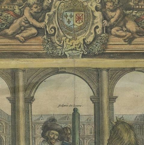 Antique Print of French Men Training Two Horses Near The Louvre, France, 1627, close-up 1