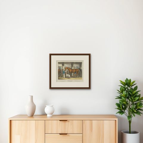 Antique Horse Stable Lithograph - The Young Master’s Favorites, c.1827, shown framed on a wall