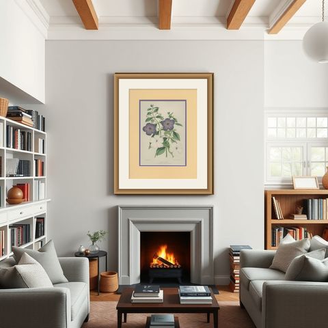 Botanical Beauty: Antique Print of Achimenes Longiflora from 1850, shown framed in a room
