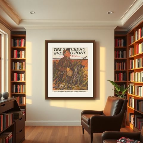 Vintage Print of a Hunter and his Dog 'The Saturday Evening Post' '1935', shown framed in a room