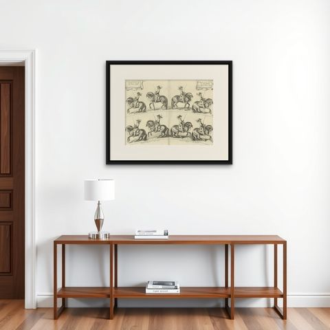 Decorative Antique Print of the Schooling of Horses in Galop, c.1740, shown framed on a wall