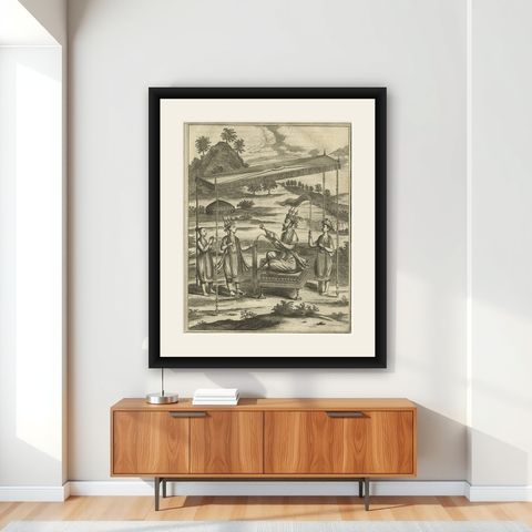 Old Print of Vishnu and the Fifth Incarnation, 1672, shown framed on a wall