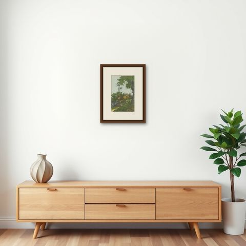 Hand Colored Antique Lithograph of Hunting Lion, shown framed on a wall