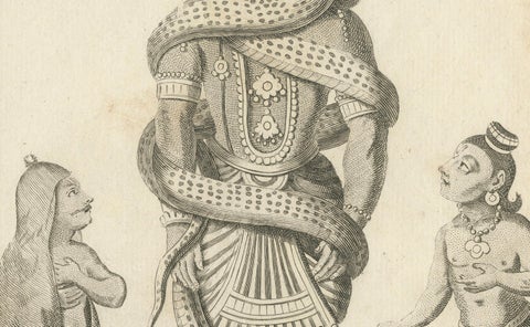 1806 French Print of Quichena: Serpent-Wrapped Deity - Hindu Engraving, close-up 3