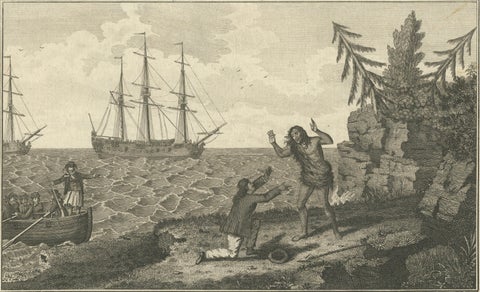 Moskito Men Reunion, Juan Fernandez Island, Dampier Voyage Engraving, ca.1789, close-up 2