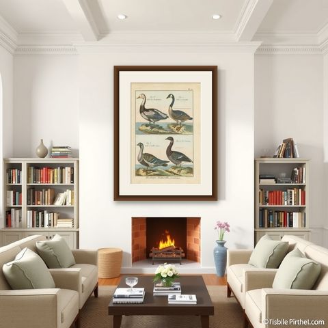 Beautiful, Hand-Colored, Rare Copper Engraving of Four Geese '1792', shown framed in a room
