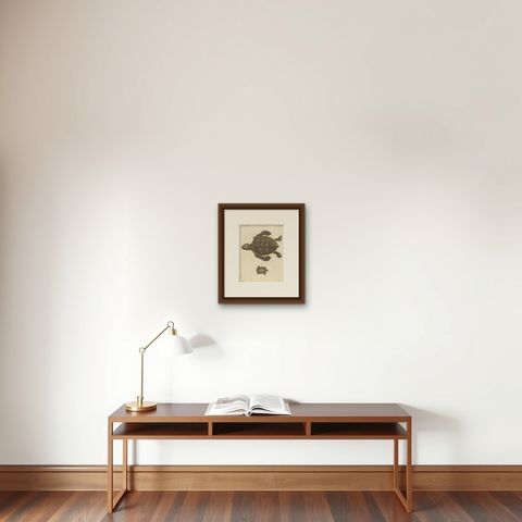 Original Antique Print of Sea Turtle and Freshwater Turtle by Bertuch, c. 1790, shown framed on a wall