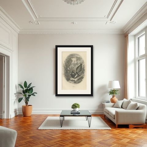 Antique Bird Print of a Magpie, 1853, shown framed in a room
