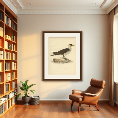 Antique Bird Print of the Pomarine jaeger by Von Wright, 1929, shown framed in a room