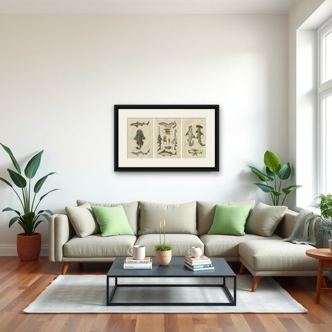 Set of 3 Antique Fish Prints, White Shark, Sawfish, Catshark, shown framed in a room