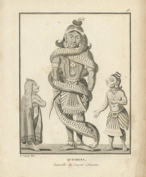 1806 French Print of Quichena: Serpent-Wrapped Deity - Hindu Engraving, close-up 6