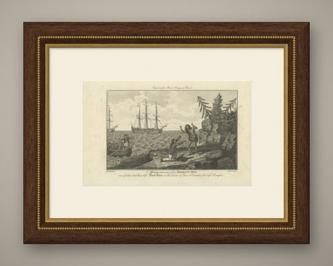 Moskito Men Reunion, Juan Fernandez Island, Dampier Voyage Engraving, ca.1789, shown framed